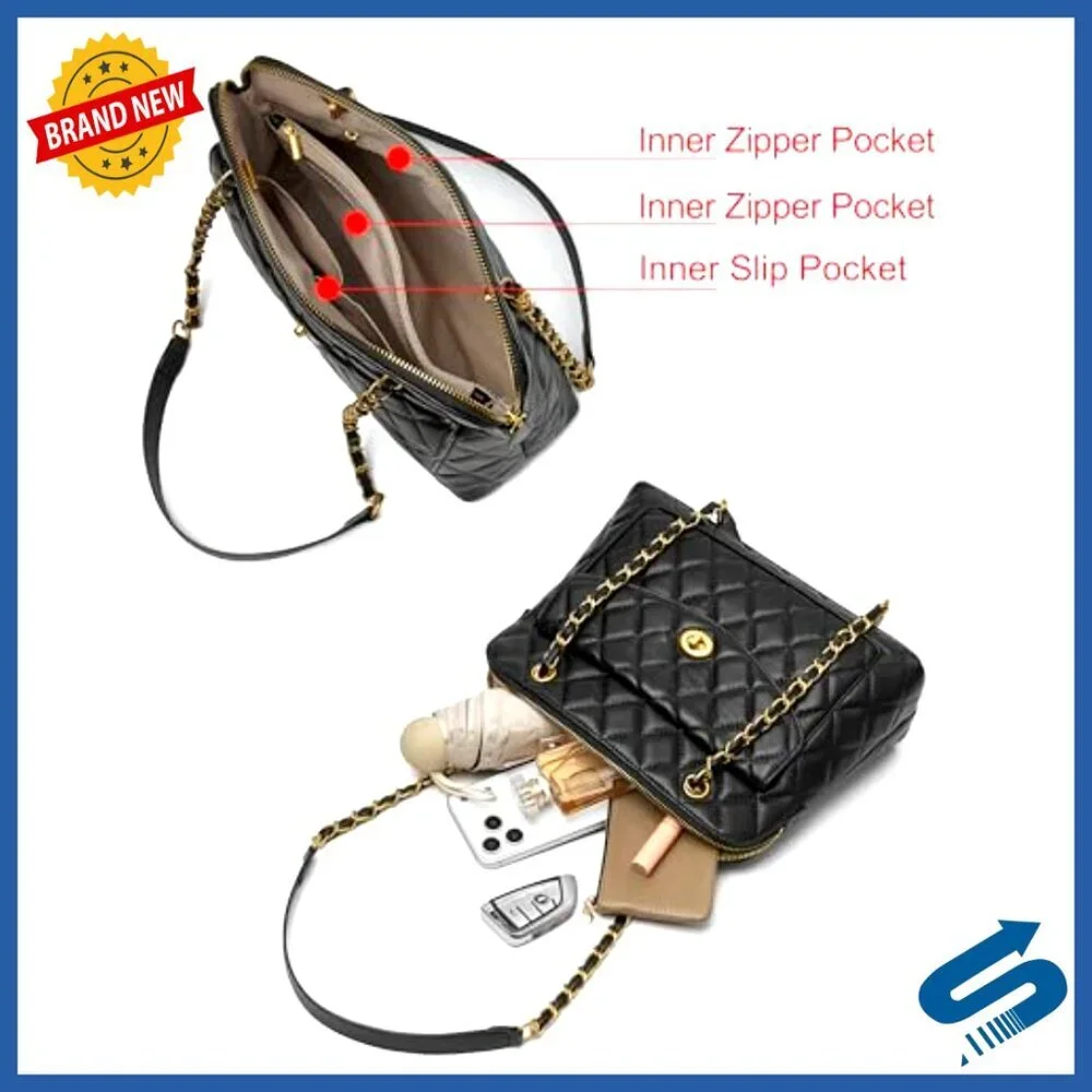 Quilted Leather Satchel Shoulder Bag with Detachable Chain Strap